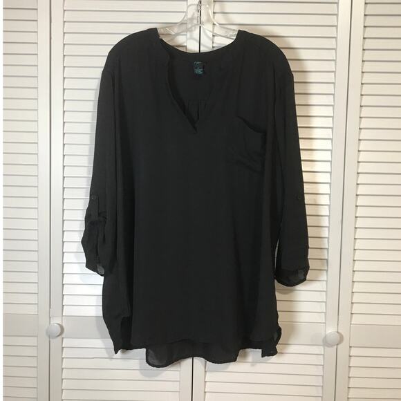 Rue+ Black Sheer V-Neck 3/4 Sleeve Length Top 3X - Picture 1 of 6